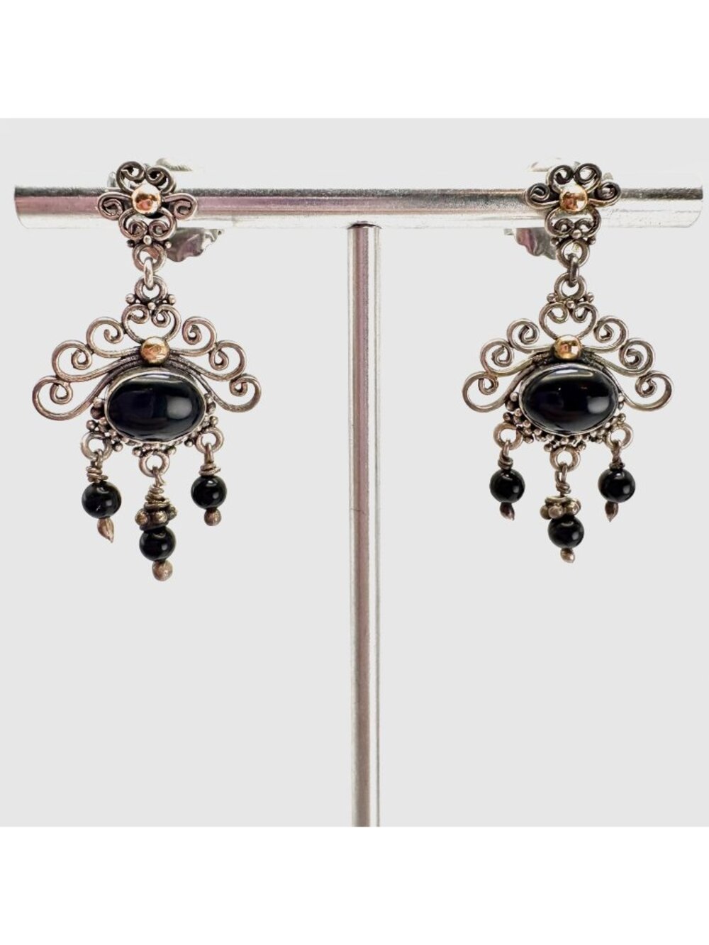 Black Onyx Sterling Silver 925 Scroll Heart Dangle Earrings Size 1.25" Length